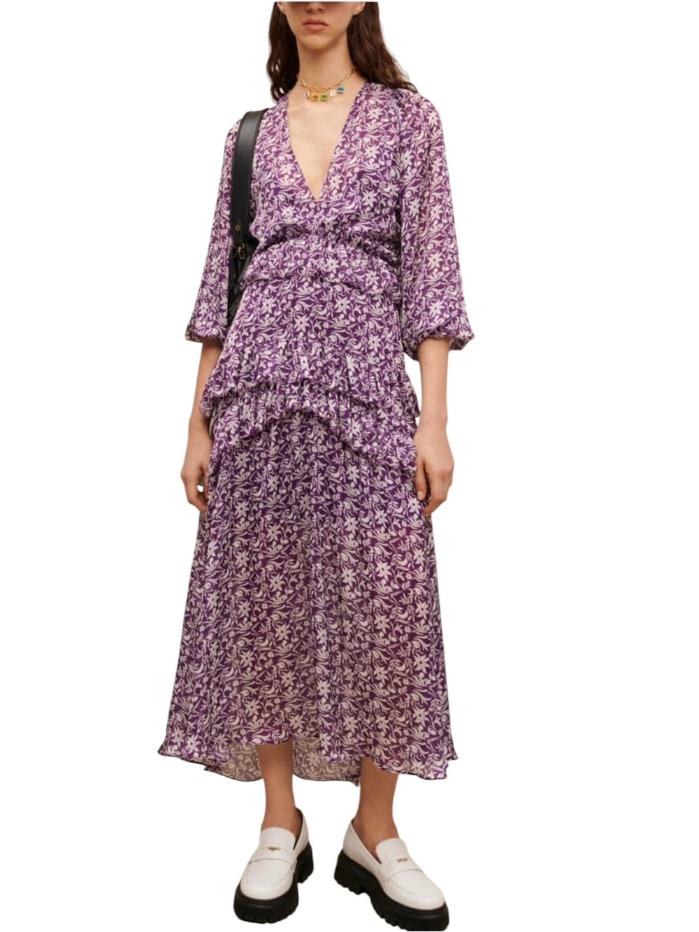 Maje Ronirique V-neck Violet Floral Romantic Boho Midi Asymmetrical Dress 34 XS